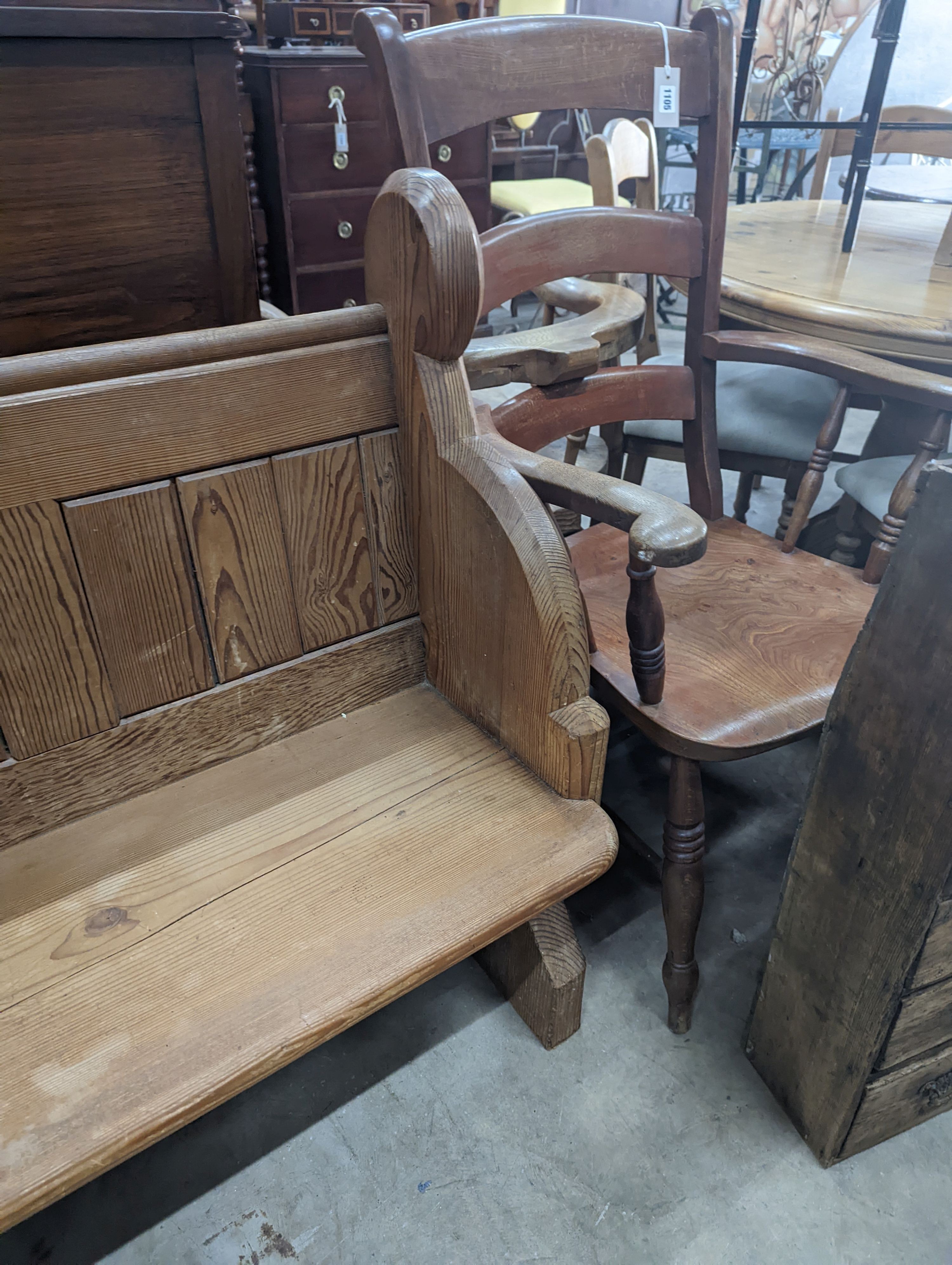 A Victorian pitch pine pew, length 153cm, depth 54cm, height 97cm